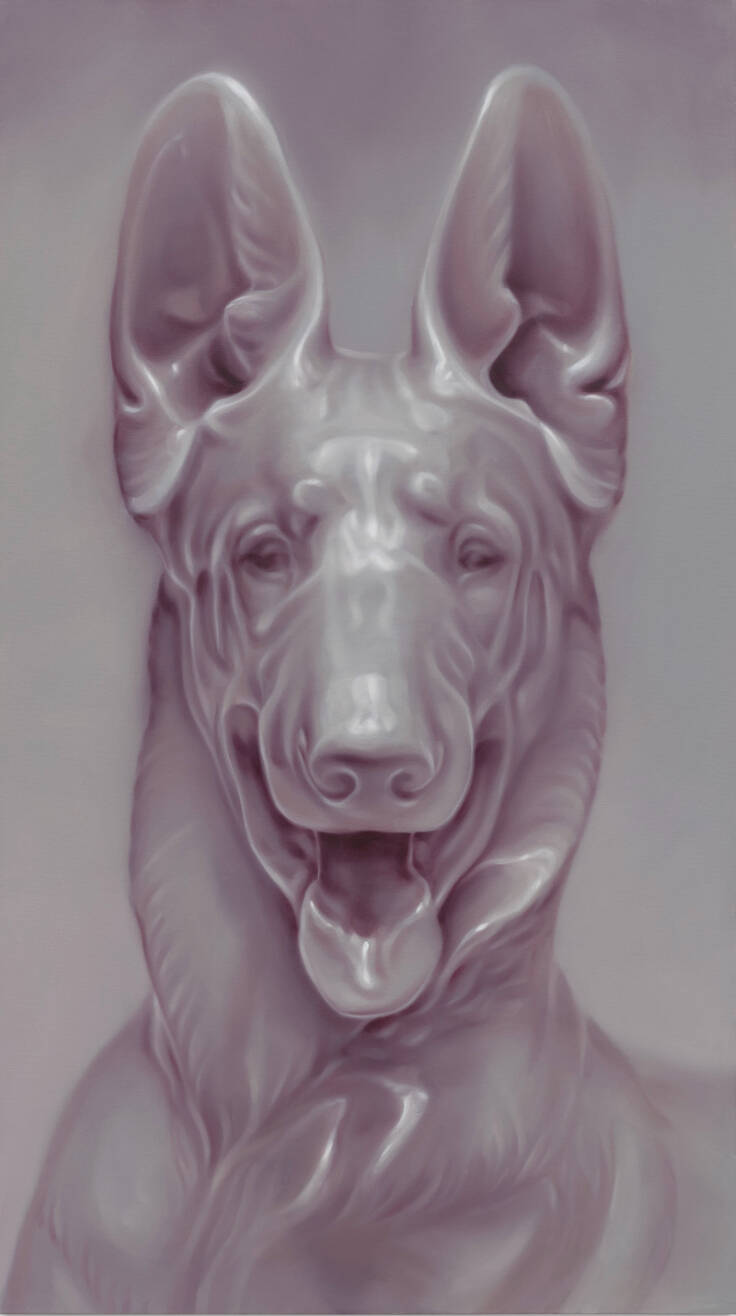 Monochrome painting of a portrait of a dog.